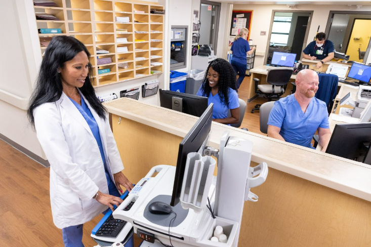 Healthcare workers using computers